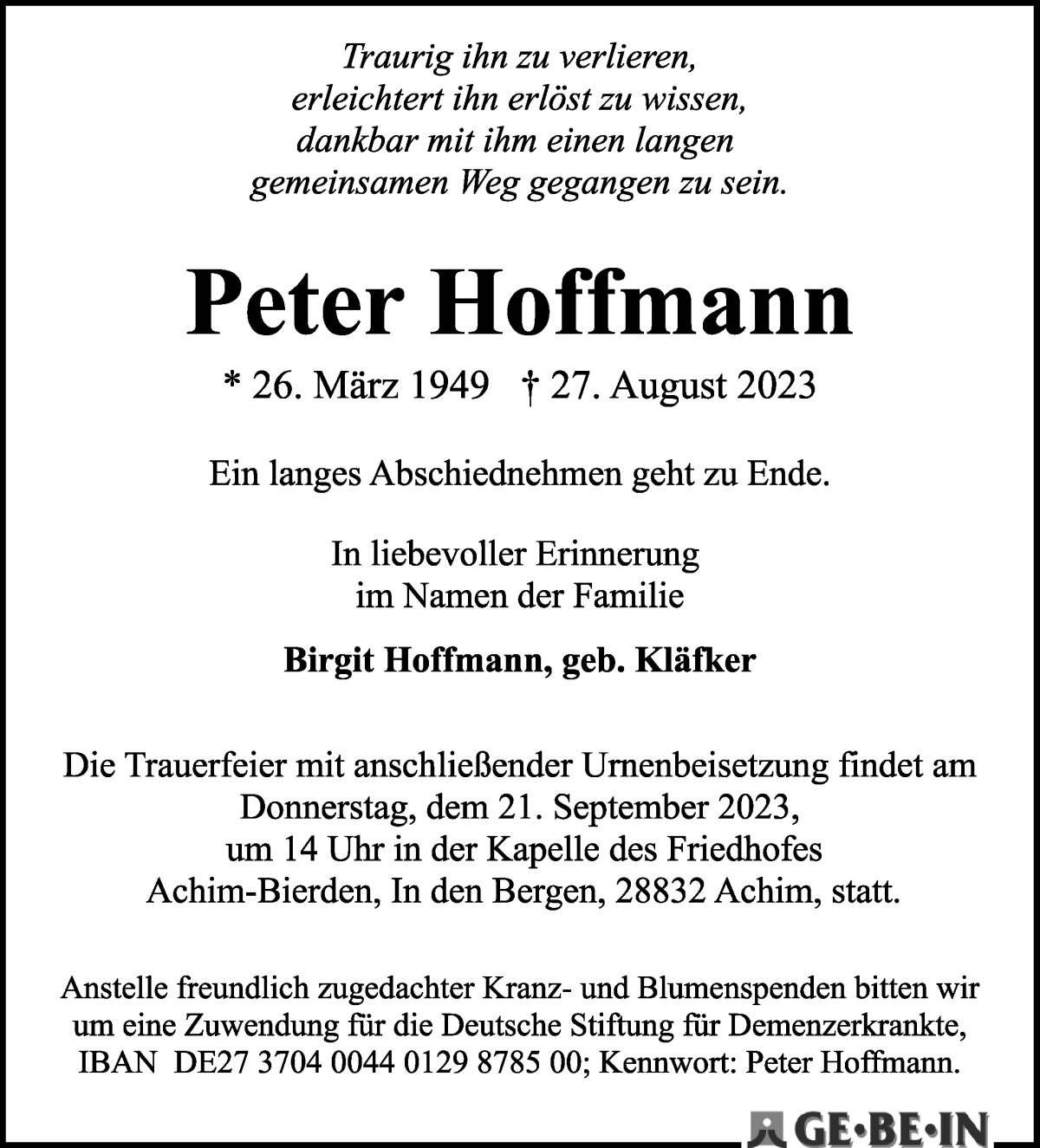 Traueranzeige von Peter Hoffmann von WESER-KURIER