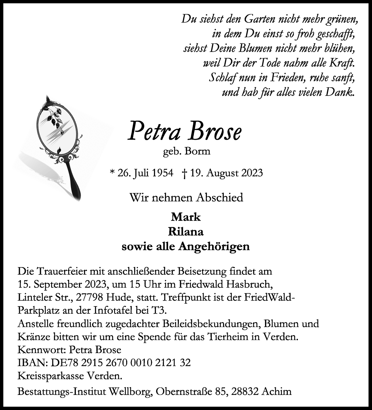 Traueranzeige von Petra Brose von WESER-KURIER