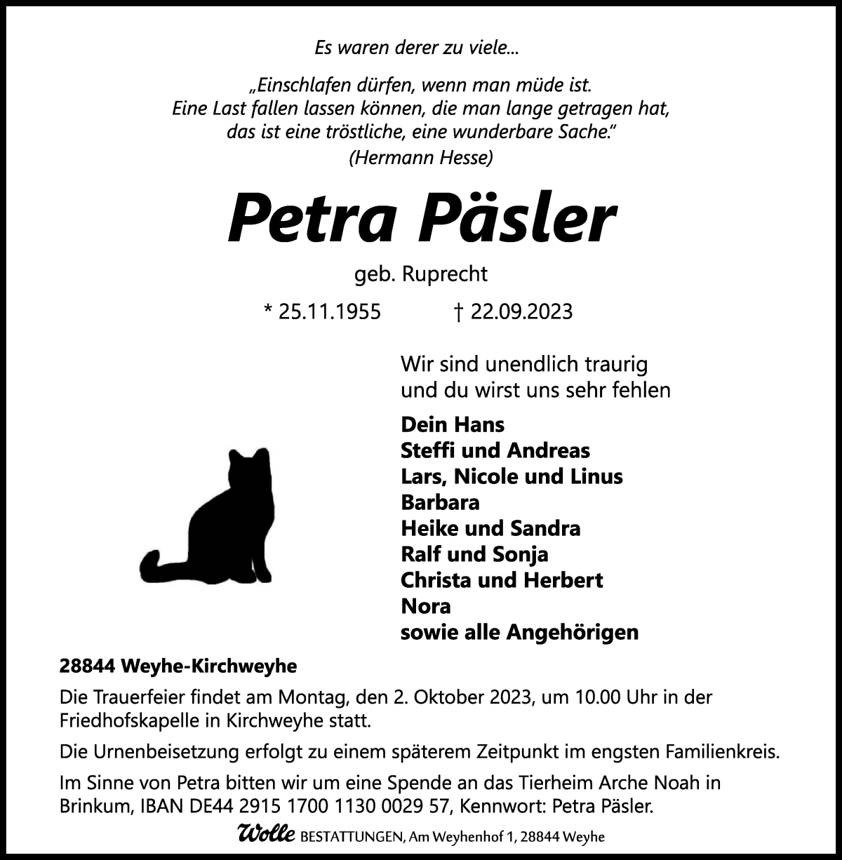 Traueranzeige von Petra Päsler von WESER-KURIER