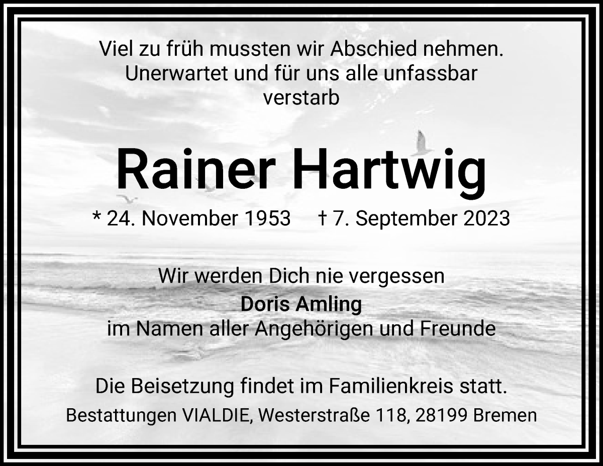 Traueranzeige von Rainer Hartwig von WESER-KURIER