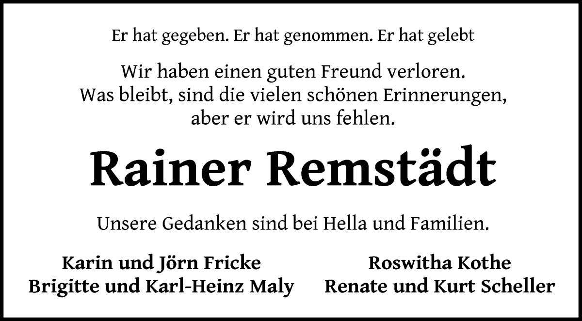 Traueranzeige von Rainer Remstädt von WESER-KURIER