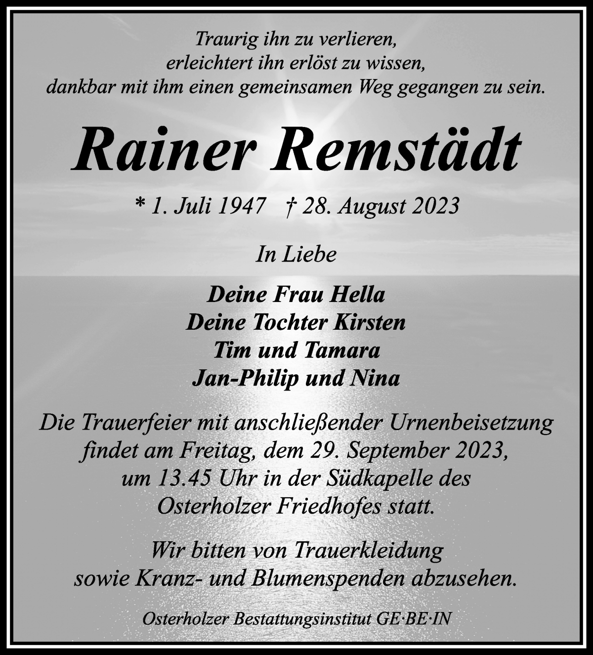 Traueranzeige von Rainer Remstädt von WESER-KURIER