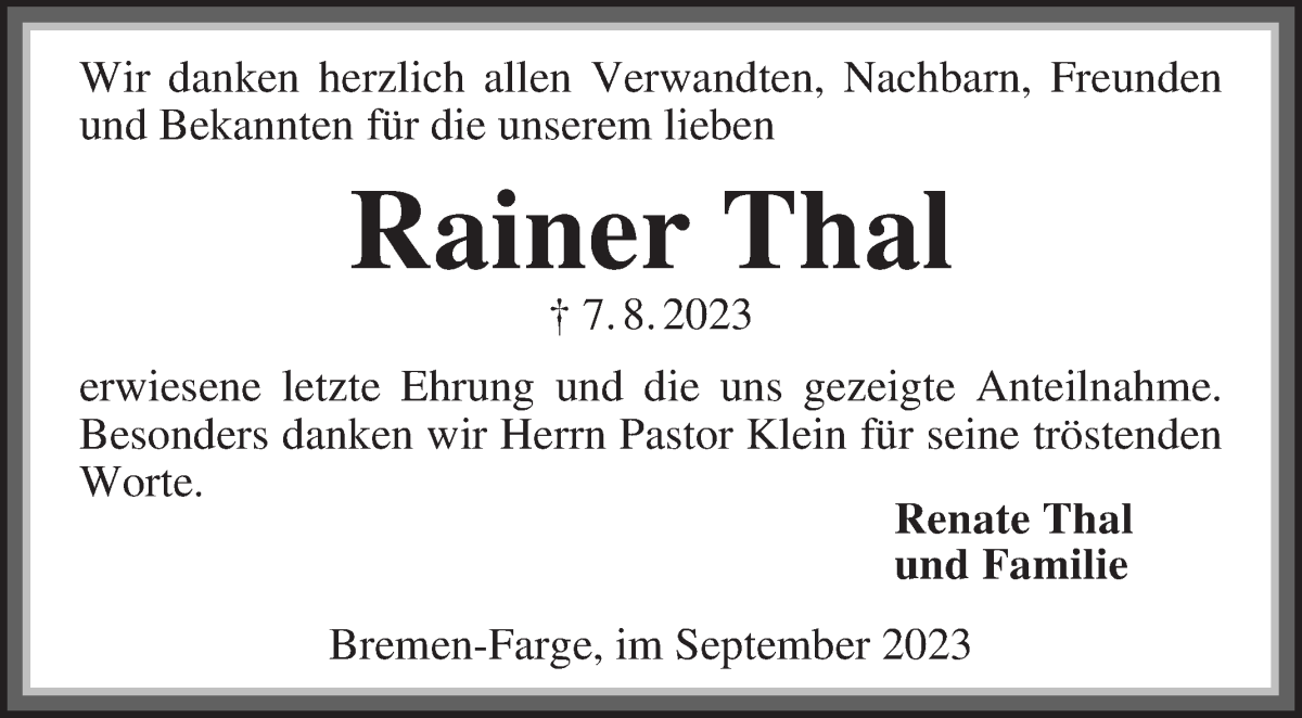 Traueranzeige von Rainer Thal von Die Norddeutsche