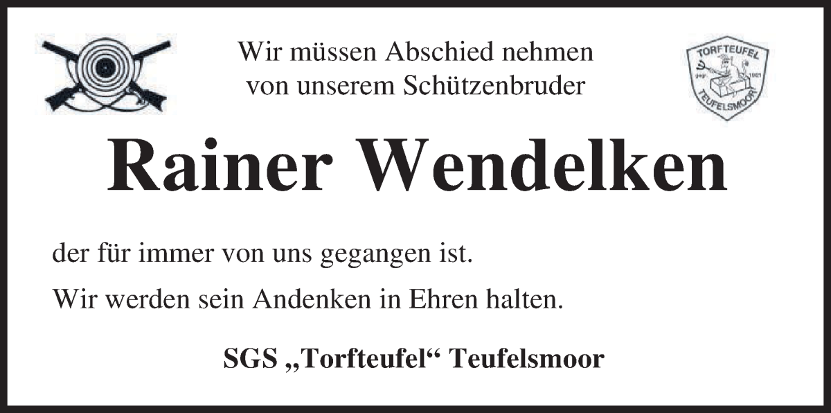 Traueranzeige von Rainer Wendelken von Osterholzer Kreisblatt