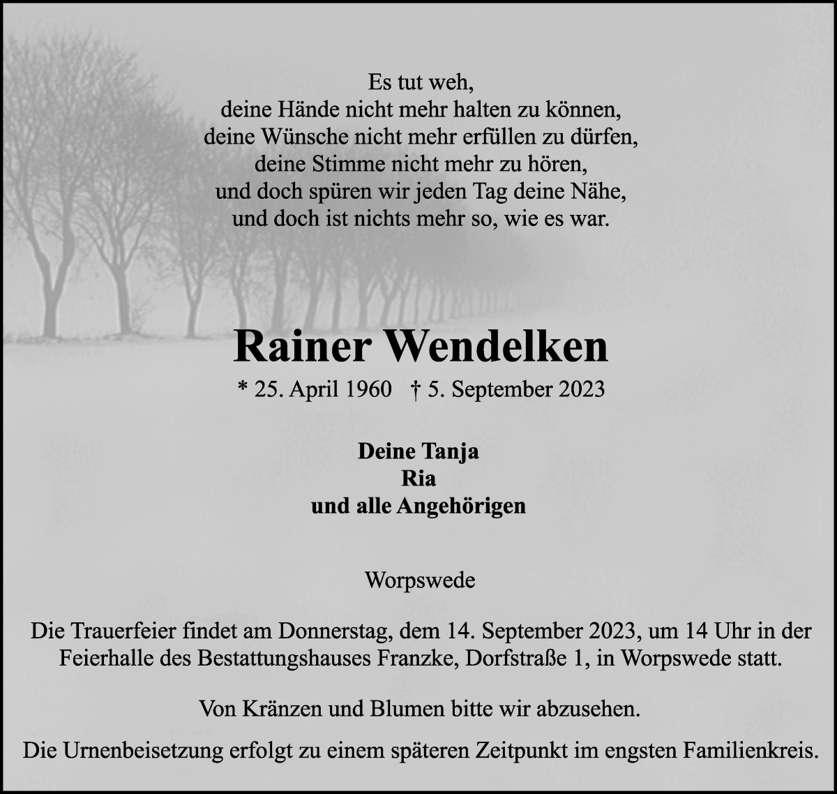 Traueranzeige von Rainer Wendelken von Osterholzer Kreisblatt