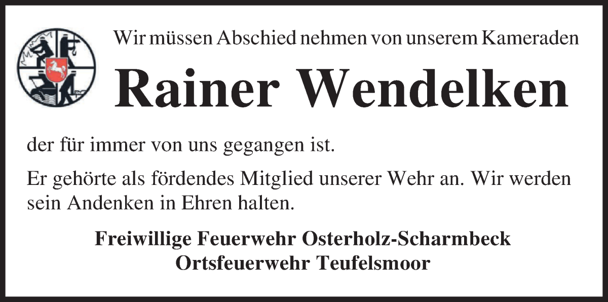 Traueranzeige von Rainer Wendelken von Osterholzer Kreisblatt