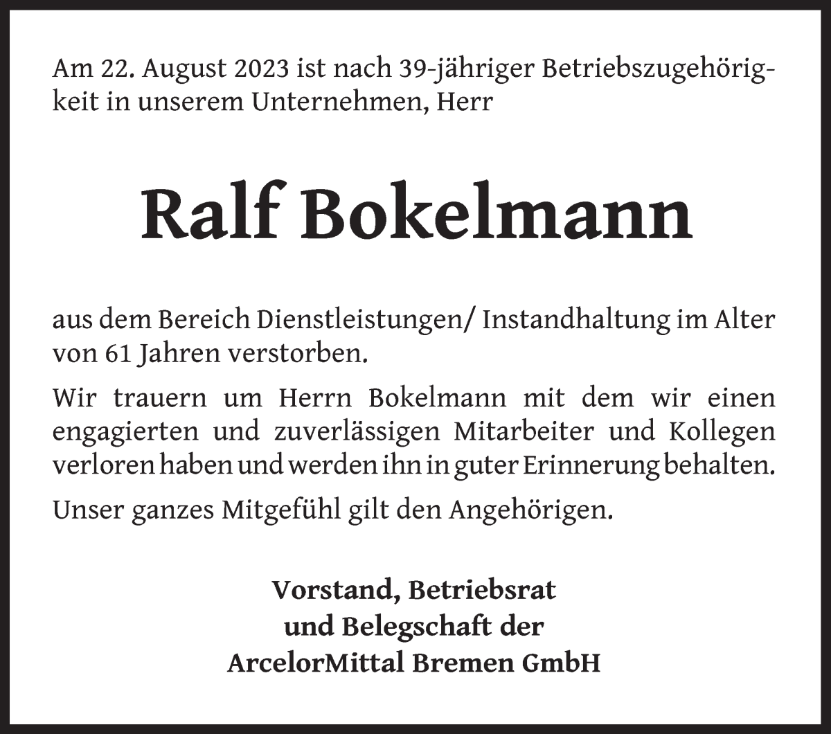 Traueranzeige von Ralf Bokelmann von WESER-KURIER