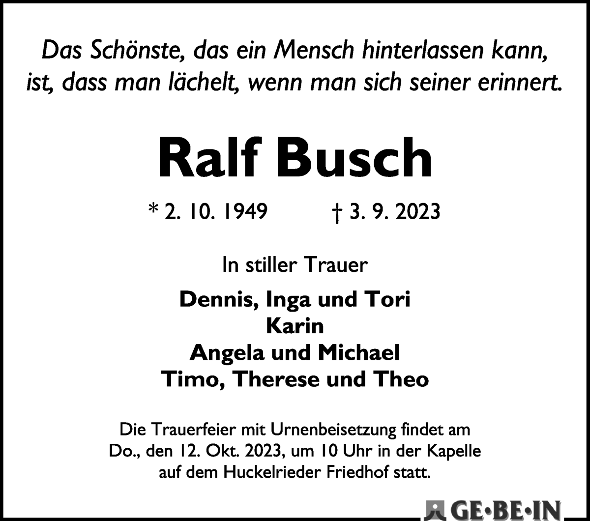 Traueranzeige von Ralf Busch von WESER-KURIER