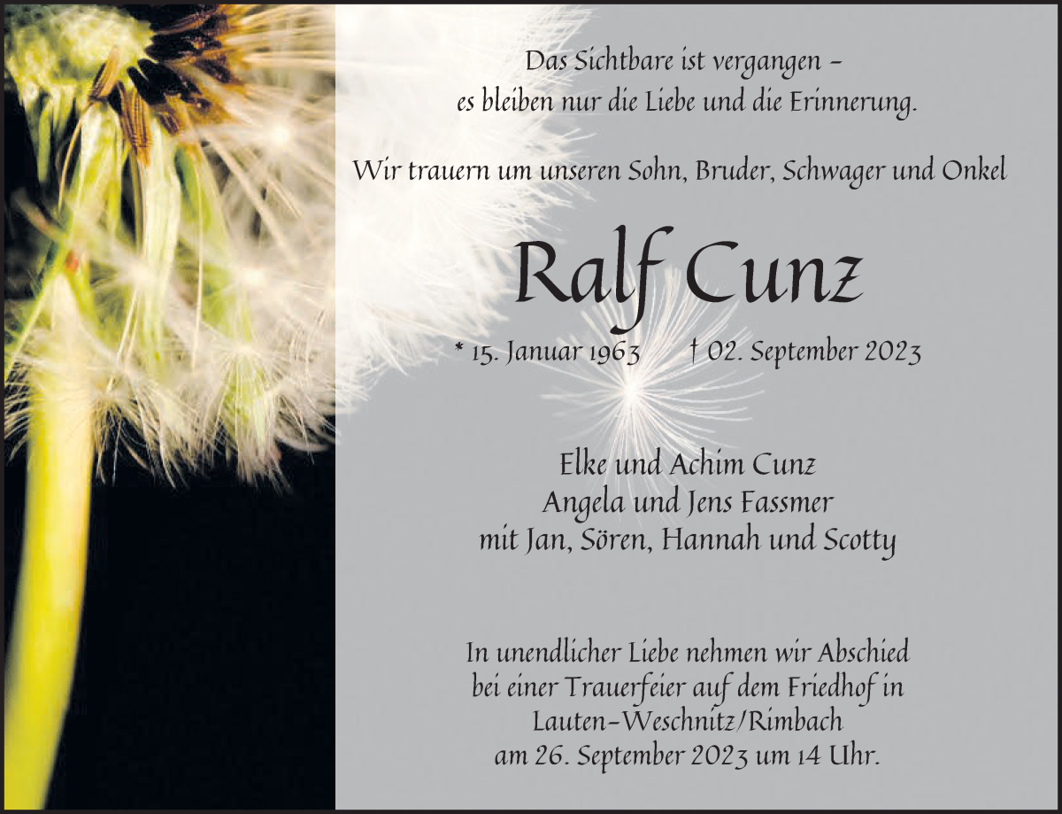 Traueranzeige von Ralf Cunz von Die Norddeutsche