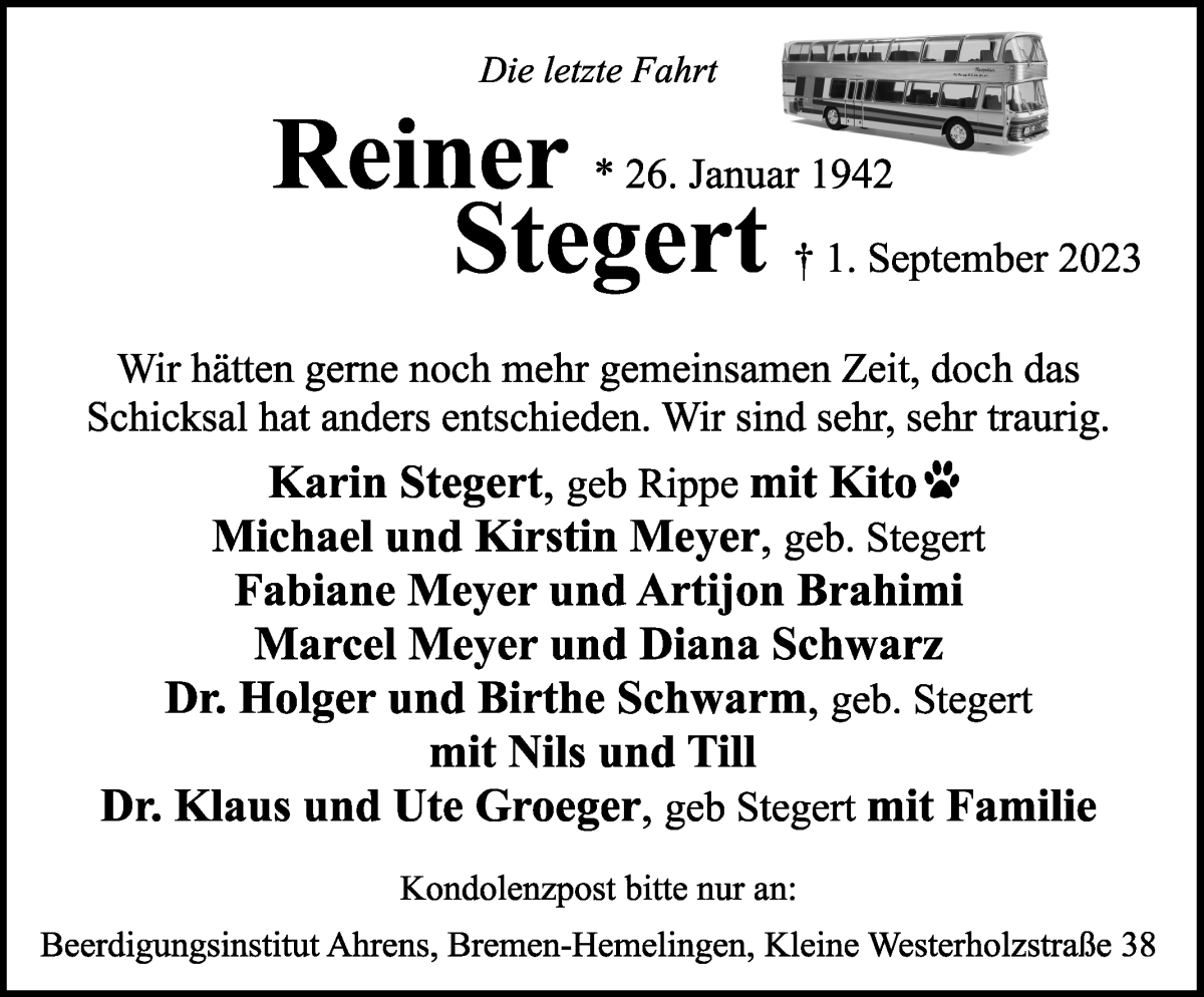 Traueranzeige von Reiner Stegert von WESER-KURIER