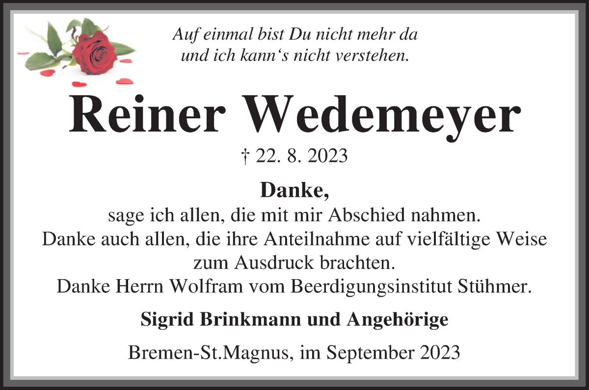 Traueranzeige von Reiner Wedemeyer von Die Norddeutsche