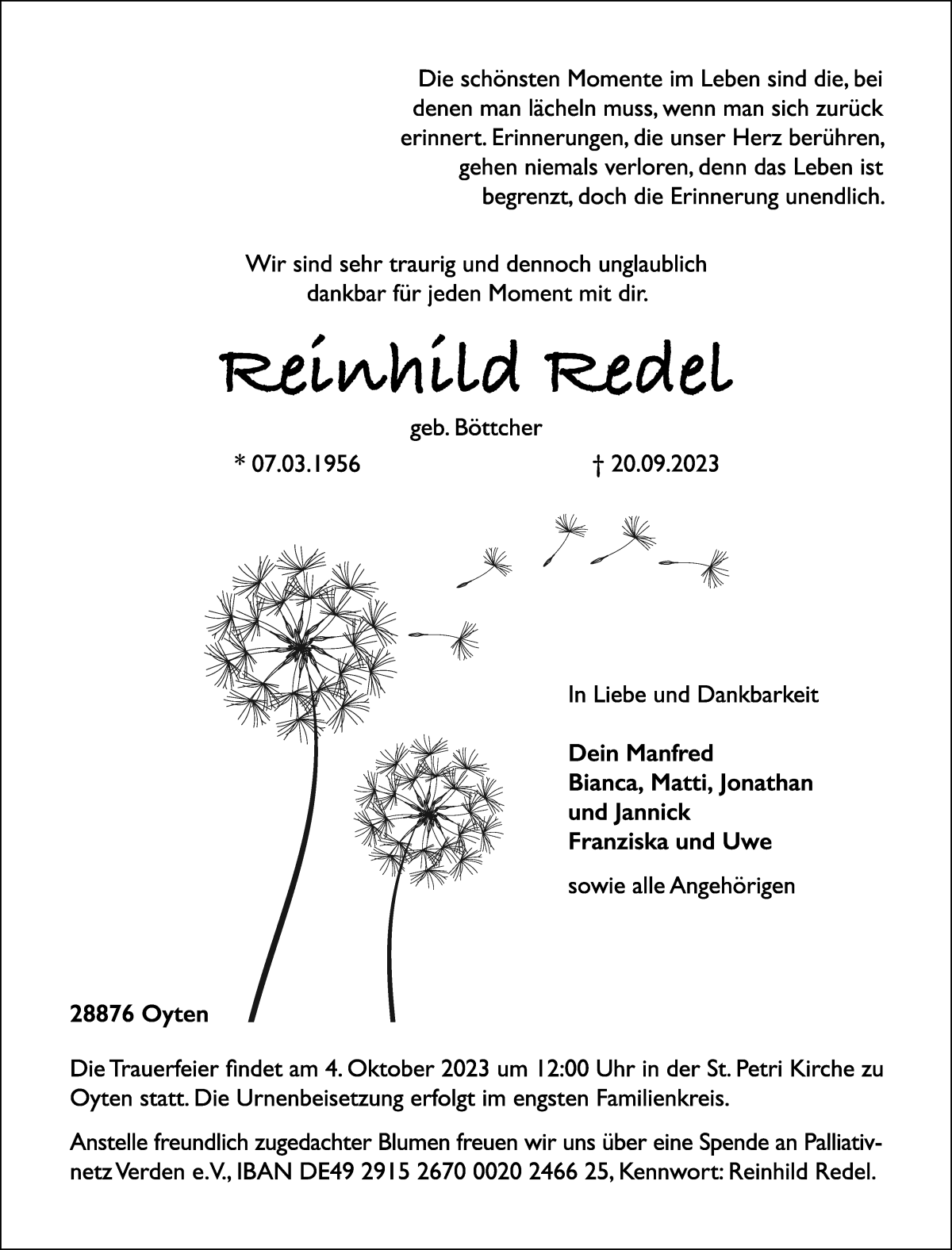 Traueranzeige von Reinhild Redel von Achimer Kurier/Verdener Nachrichten