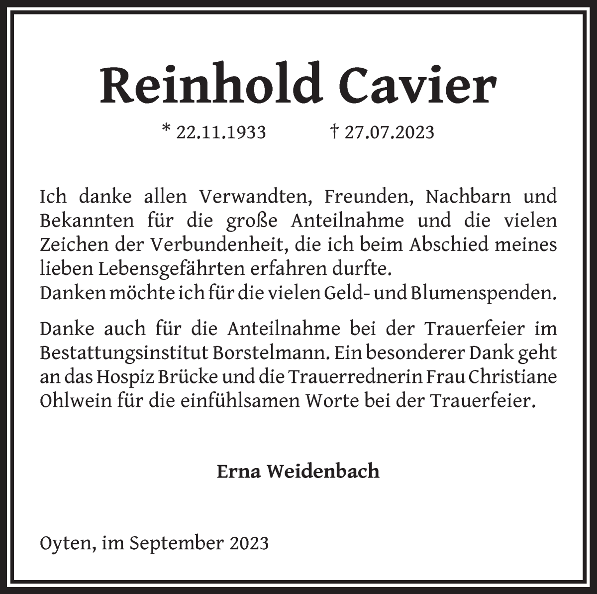 Traueranzeige von Reinhold Cavier von WESER-KURIER
