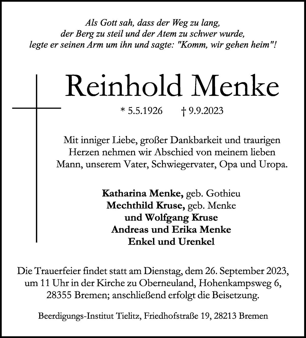 Traueranzeige von Reinhold Menke von WESER-KURIER