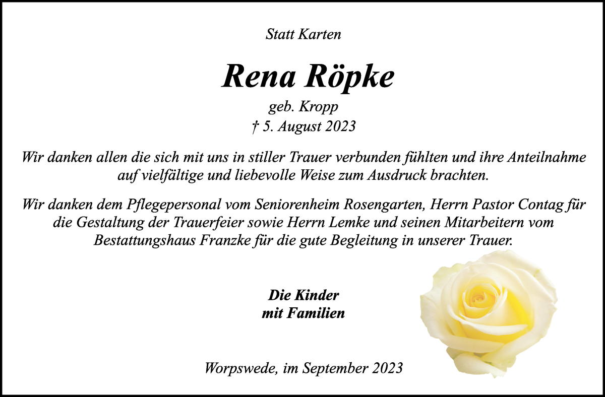 Traueranzeige von Rena Röpke von Wuemme Zeitung