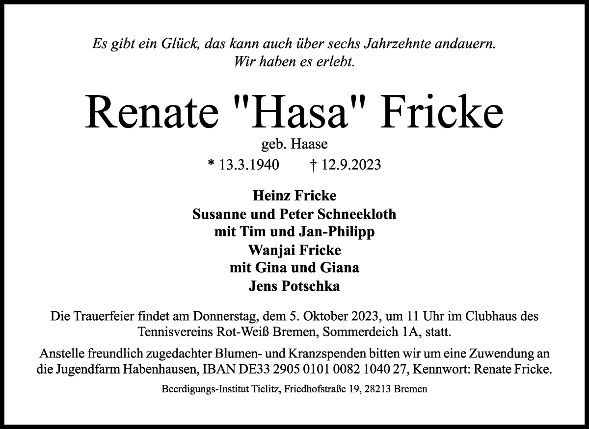 Traueranzeige von Renate Fricke von WESER-KURIER
