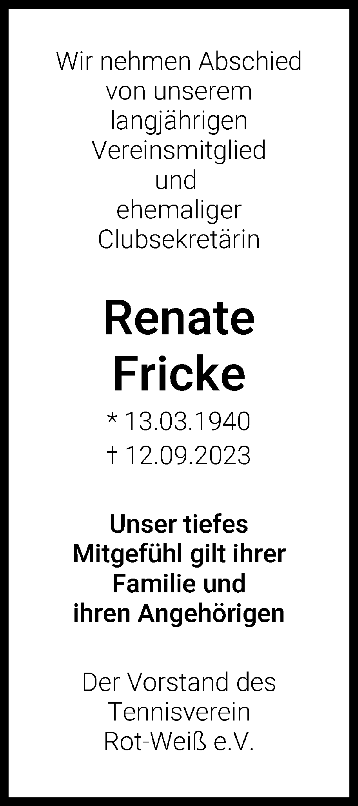 Traueranzeige von Renate Fricke von WESER-KURIER