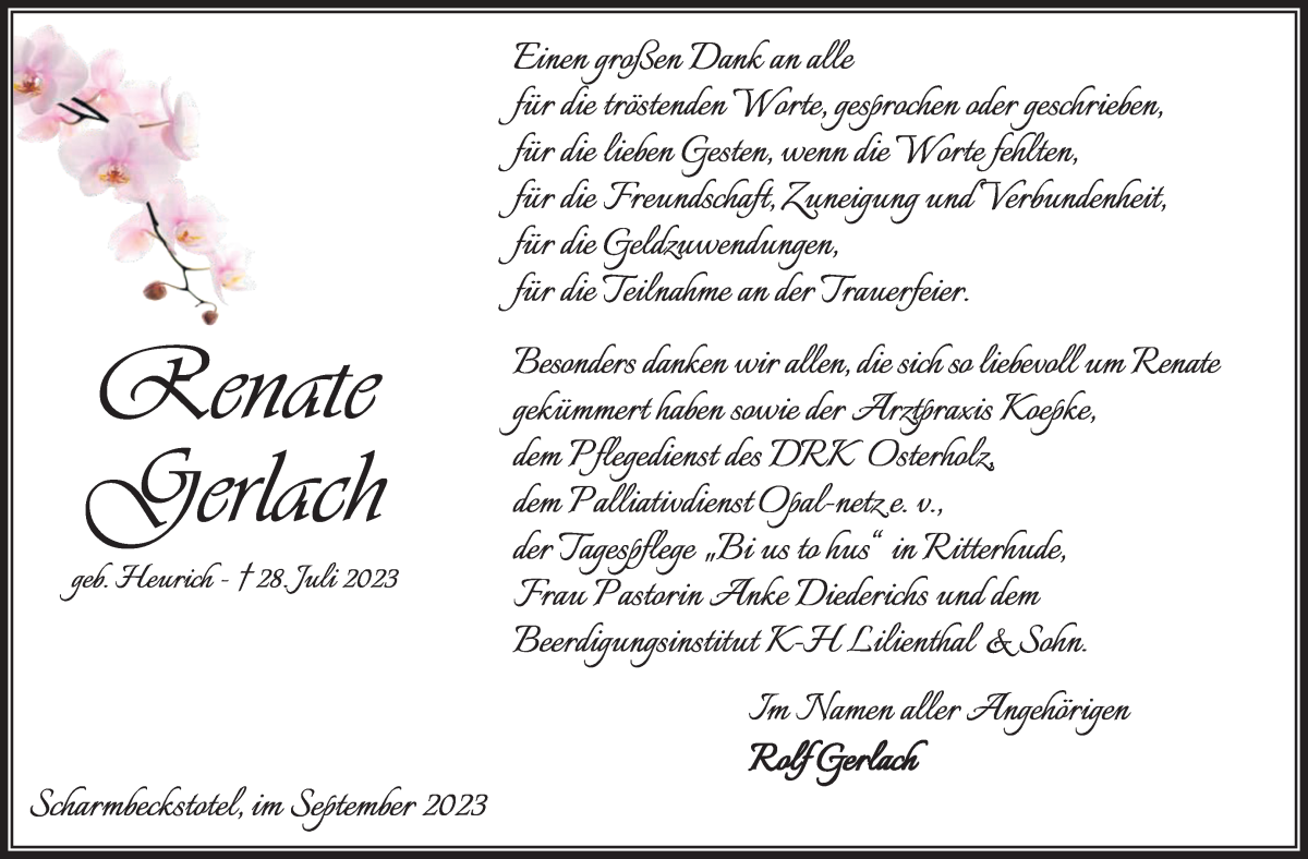Traueranzeige von Renate Gerlach von Osterholzer Kreisblatt