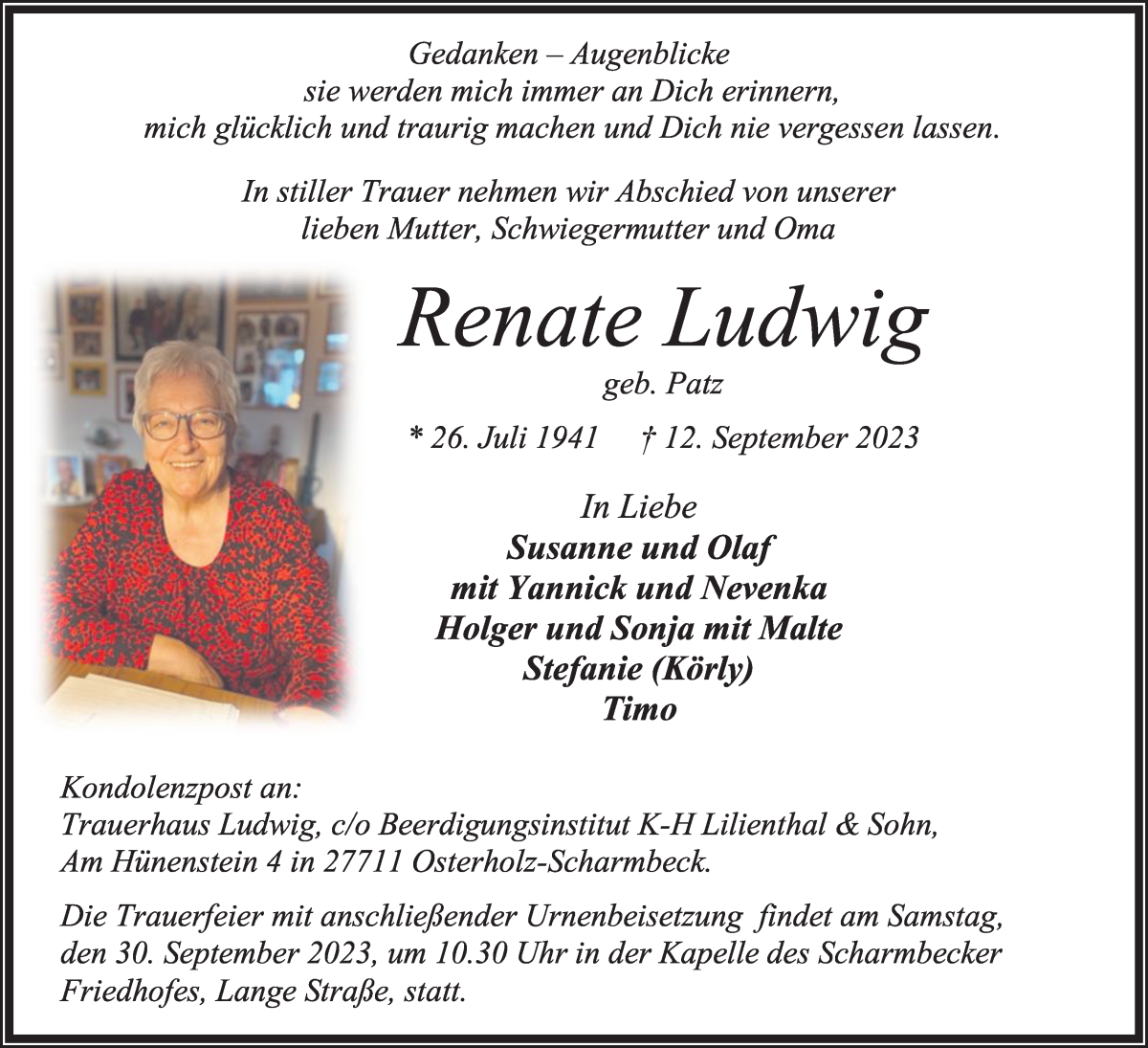 Traueranzeige von Renate Ludwig von Osterholzer Kreisblatt