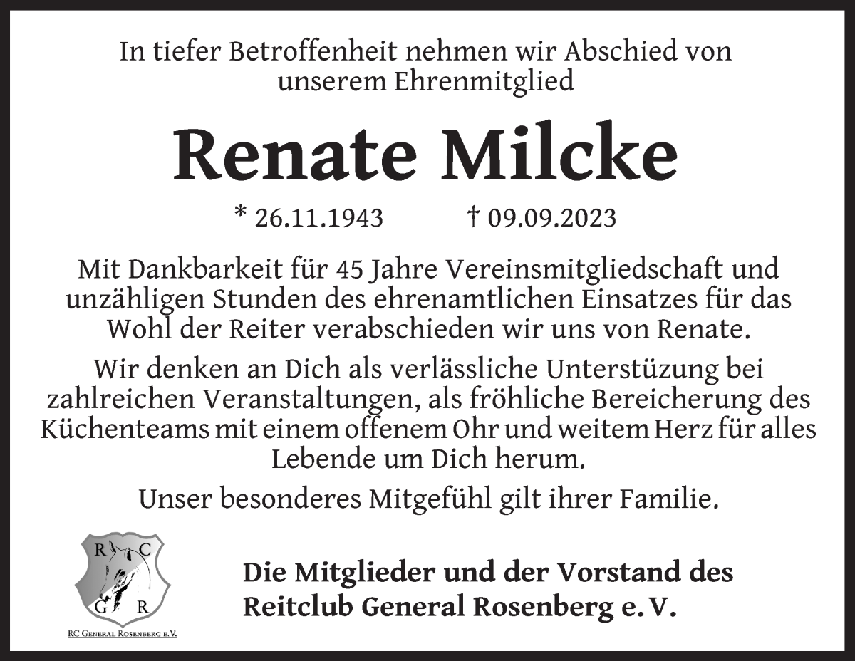 Traueranzeige von Renate Milcke von Die Norddeutsche