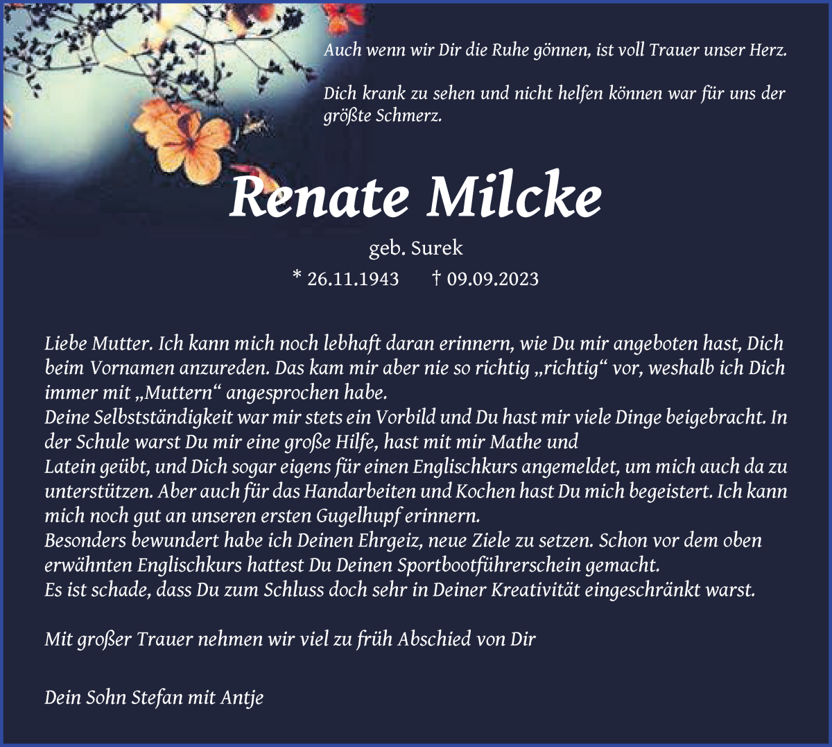 Traueranzeige von Renate Milcke von Die Norddeutsche