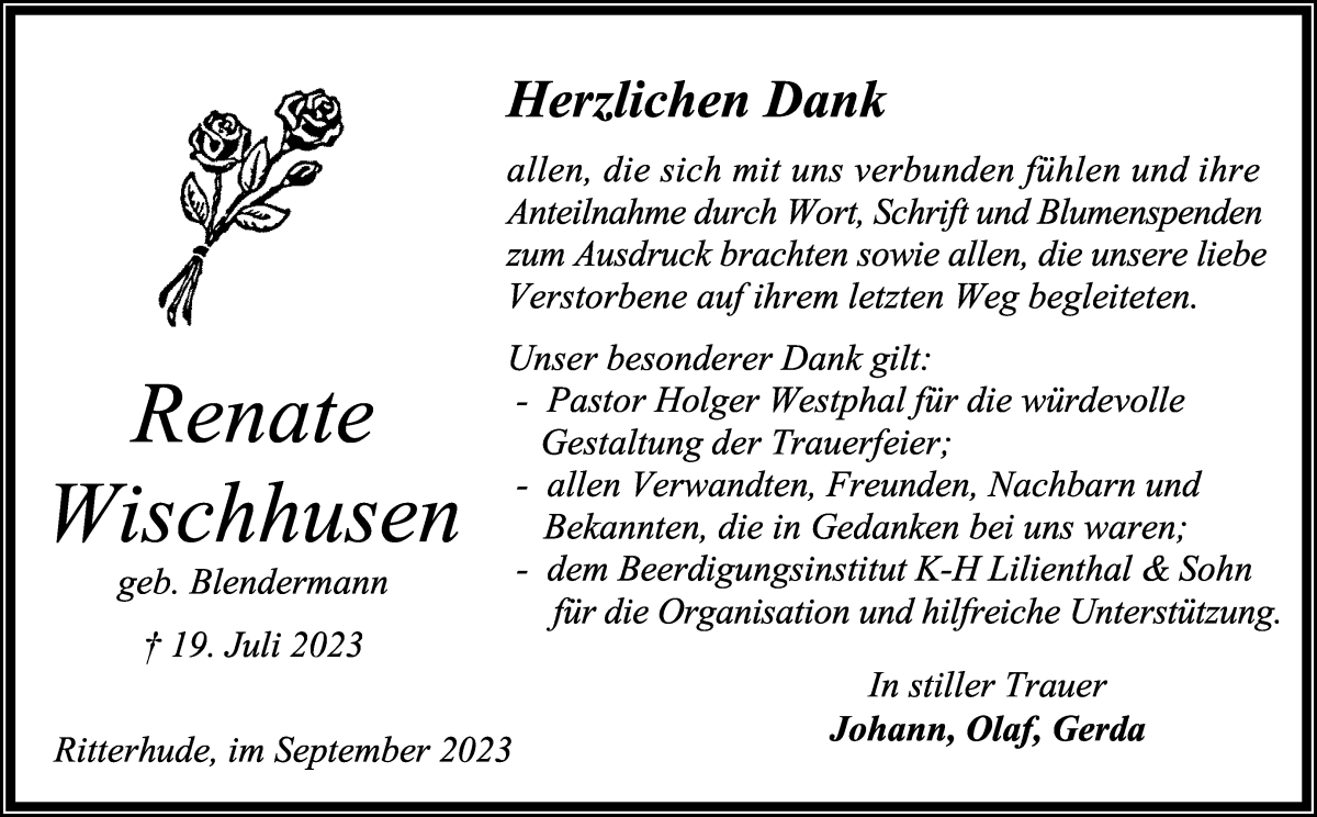 Traueranzeige von Renate Wischhusen von Osterholzer Kreisblatt