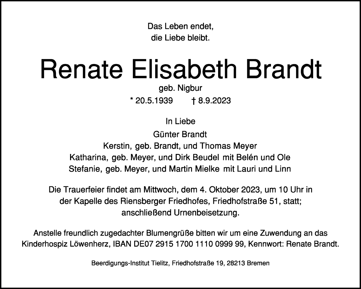 Traueranzeige von Renate Elisabeth Brandt von WESER-KURIER