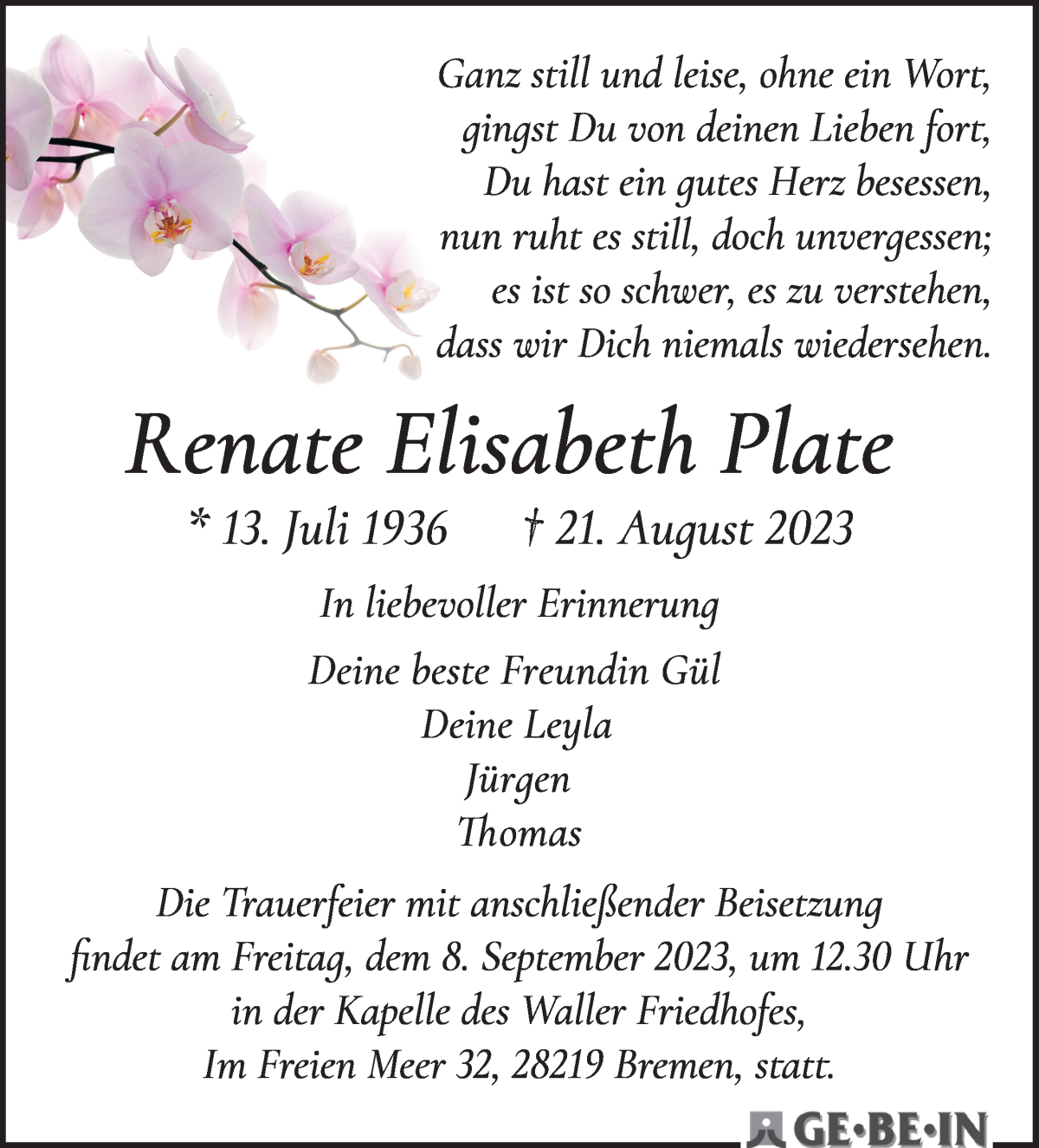 Traueranzeige von Renate Elisabeth Plate von WESER-KURIER