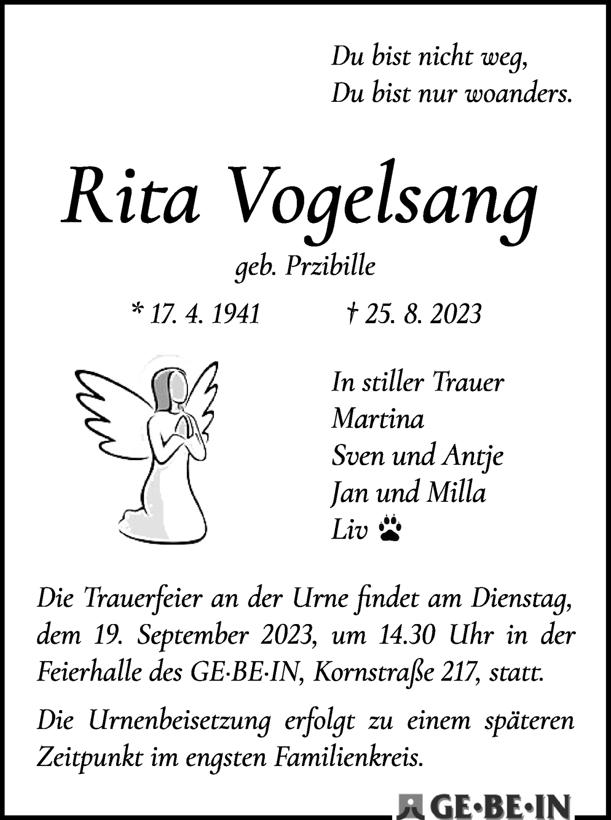 Traueranzeige von Rita Vogelsang von WESER-KURIER