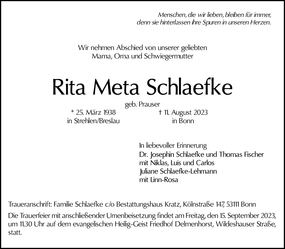 Traueranzeige von Rita Meta Schlaefke von Delmenhorster Kurier