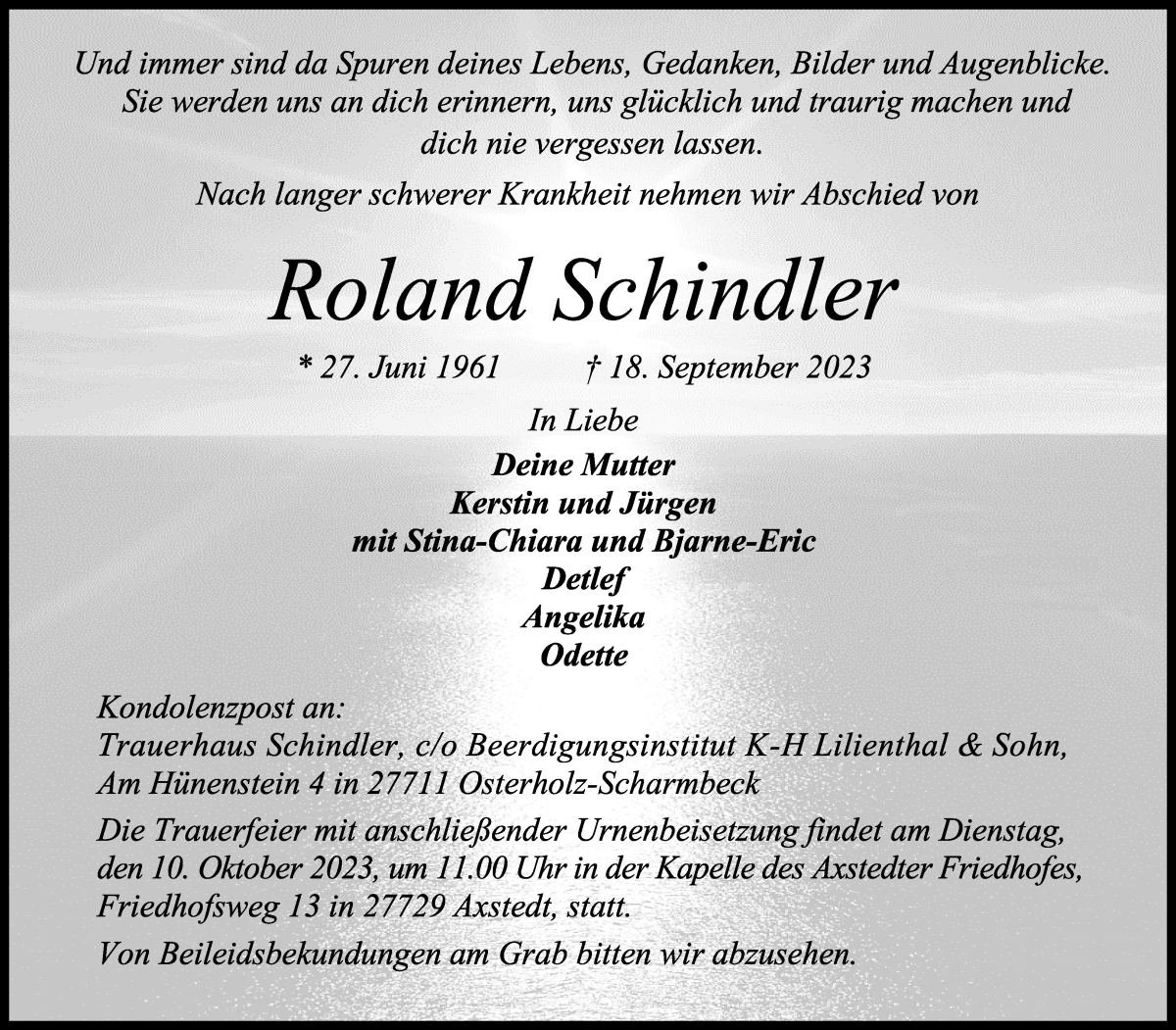 Traueranzeige von Roland Schindler von Osterholzer Kreisblatt