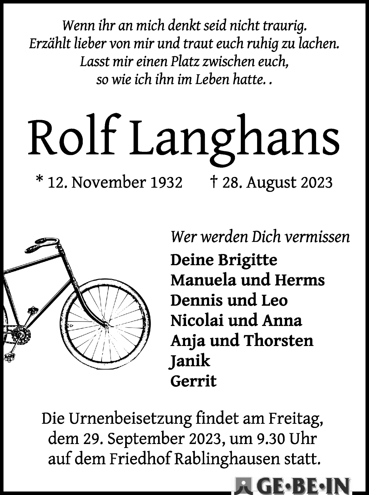 Traueranzeige von Rolf Langhans von WESER-KURIER