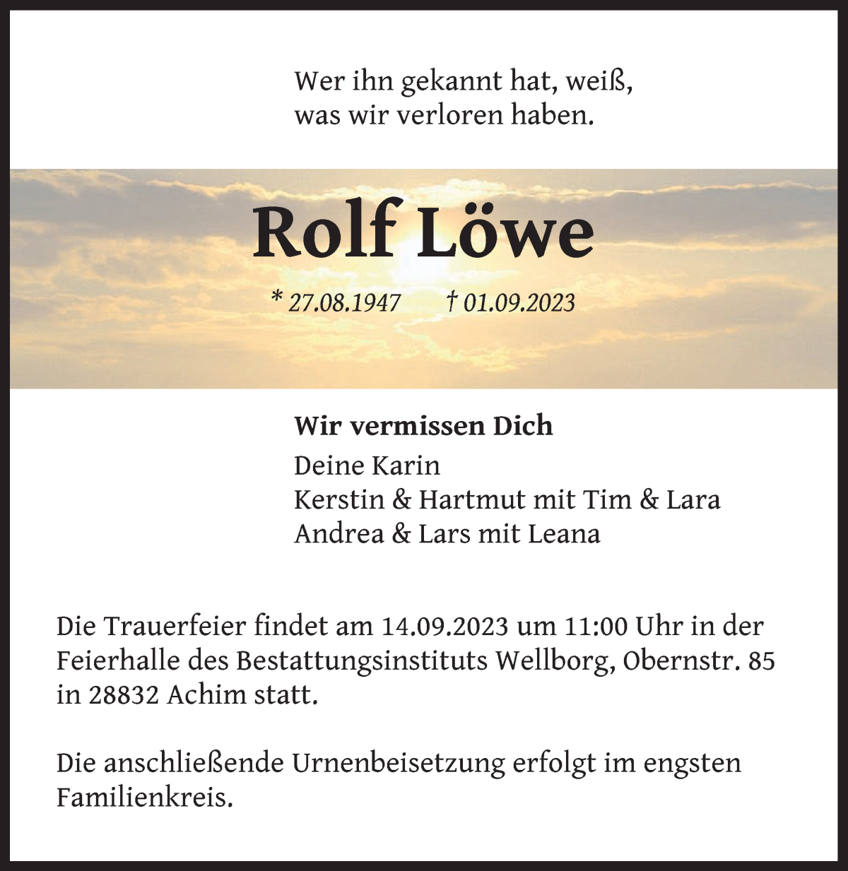 Traueranzeige von Rolf Löwe von WESER-KURIER