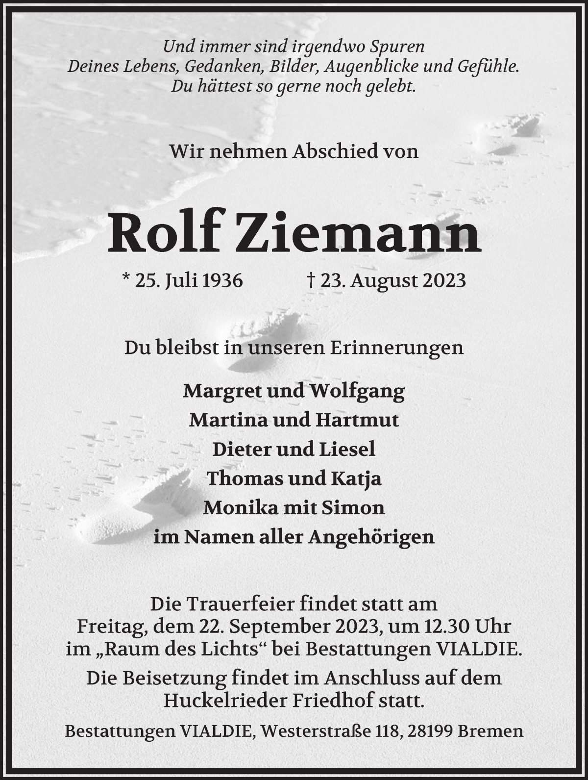 Traueranzeige von Rolf Ziemann von WESER-KURIER