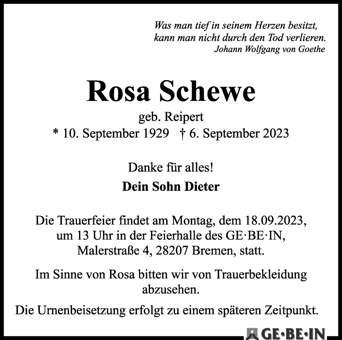 Traueranzeige von Rosa Schewe von WESER-KURIER