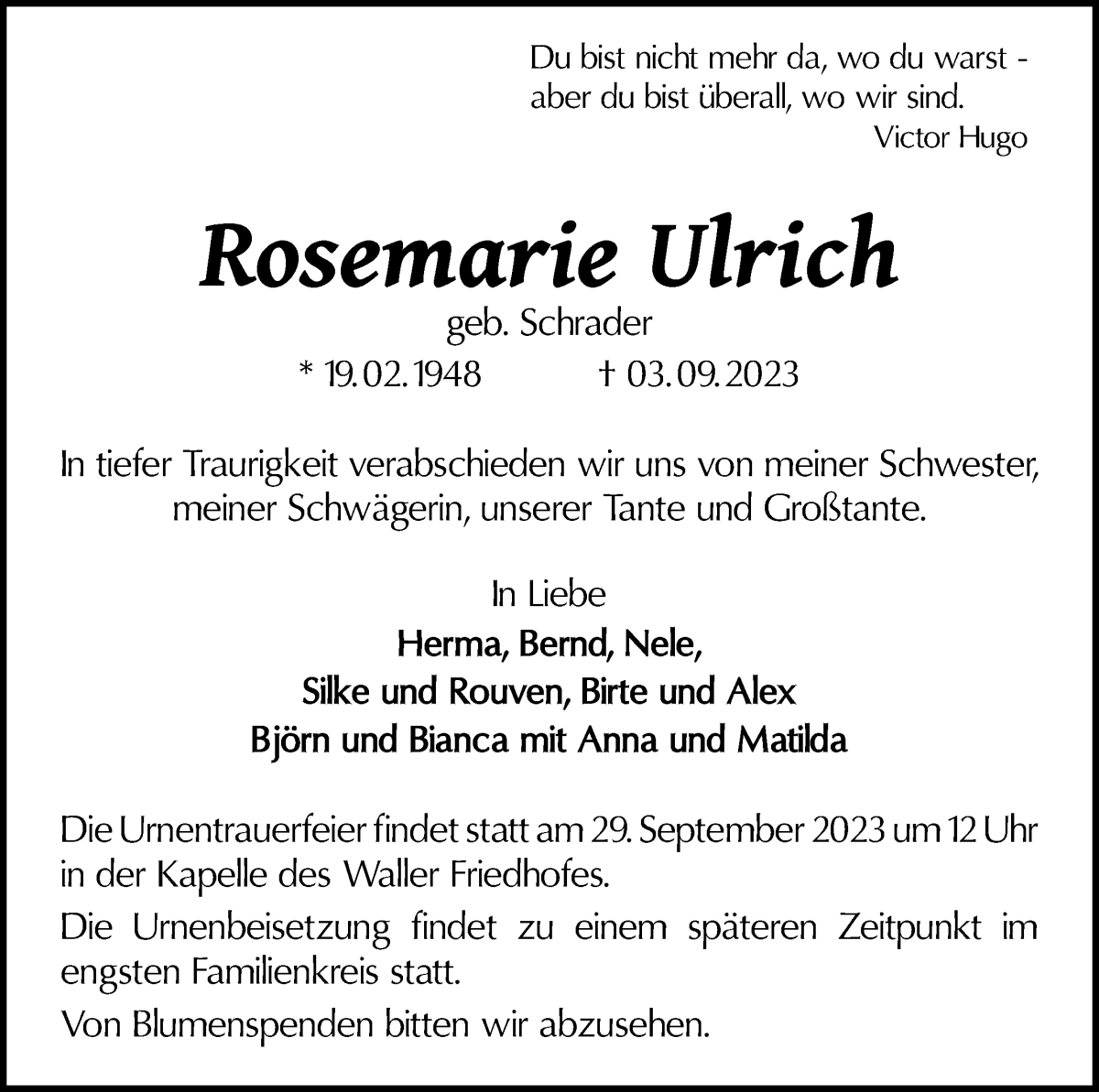 Traueranzeige von Rosemarie Ulrich von WESER-KURIER