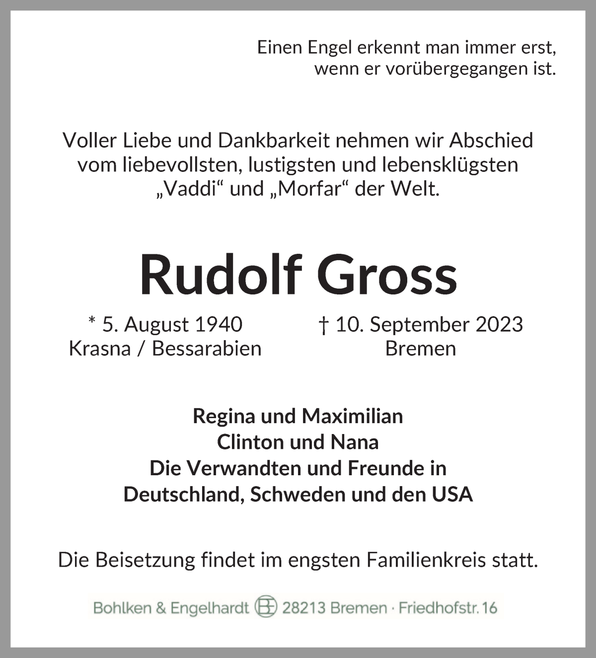 Traueranzeige von Rudolf Gross von WESER-KURIER