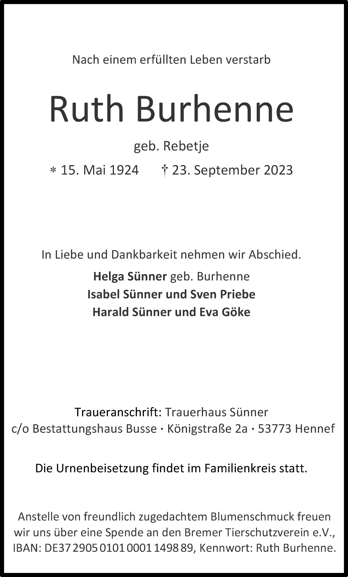 Traueranzeige von Ruth Burhenne von WESER-KURIER