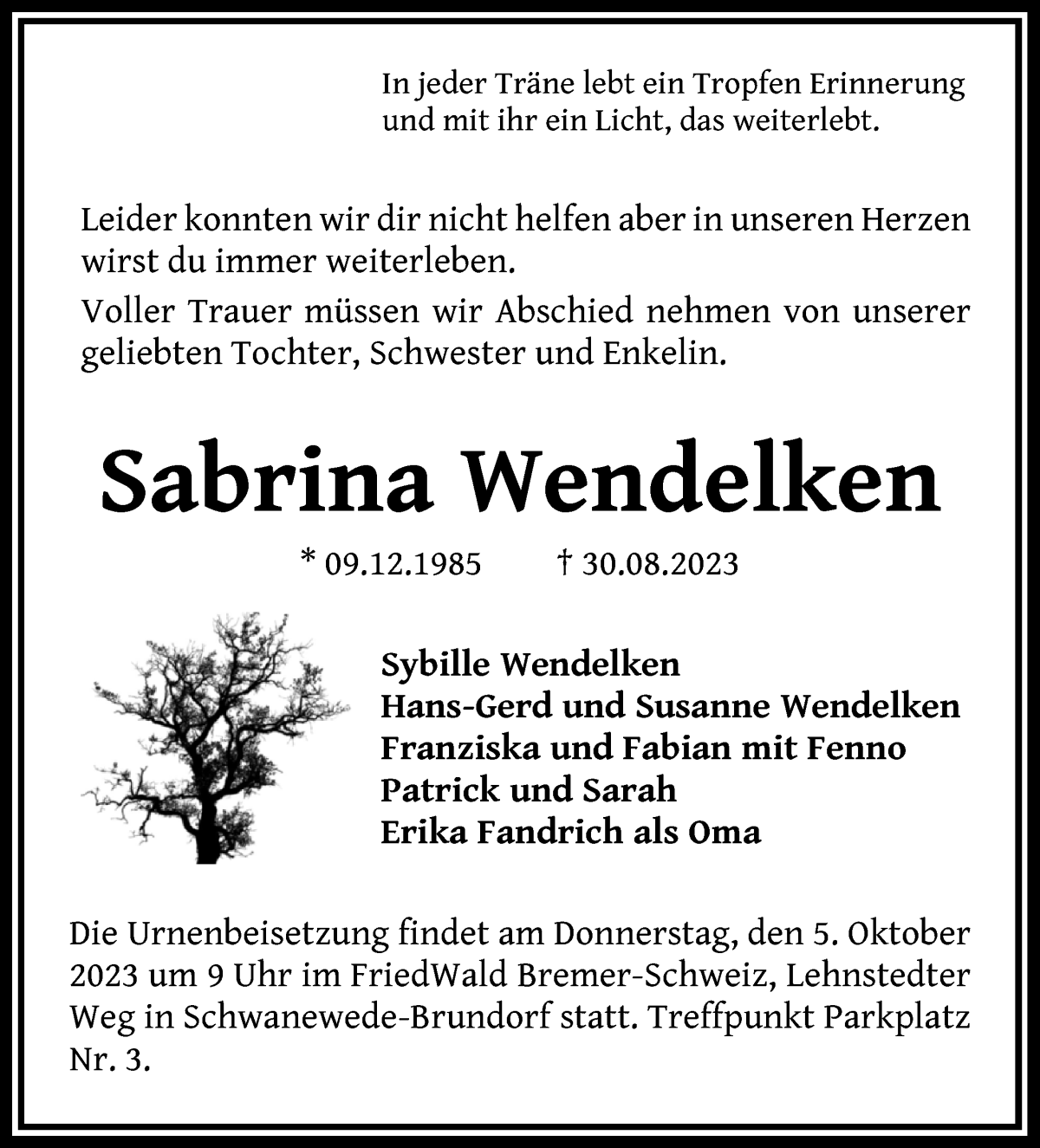 Traueranzeige von Sabrina Wendelken von Wuemme Zeitung