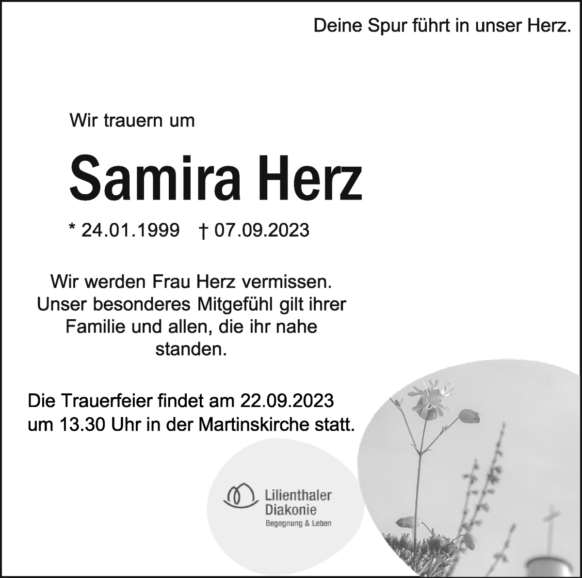 Traueranzeige von Samira Herz von Wuemme Zeitung