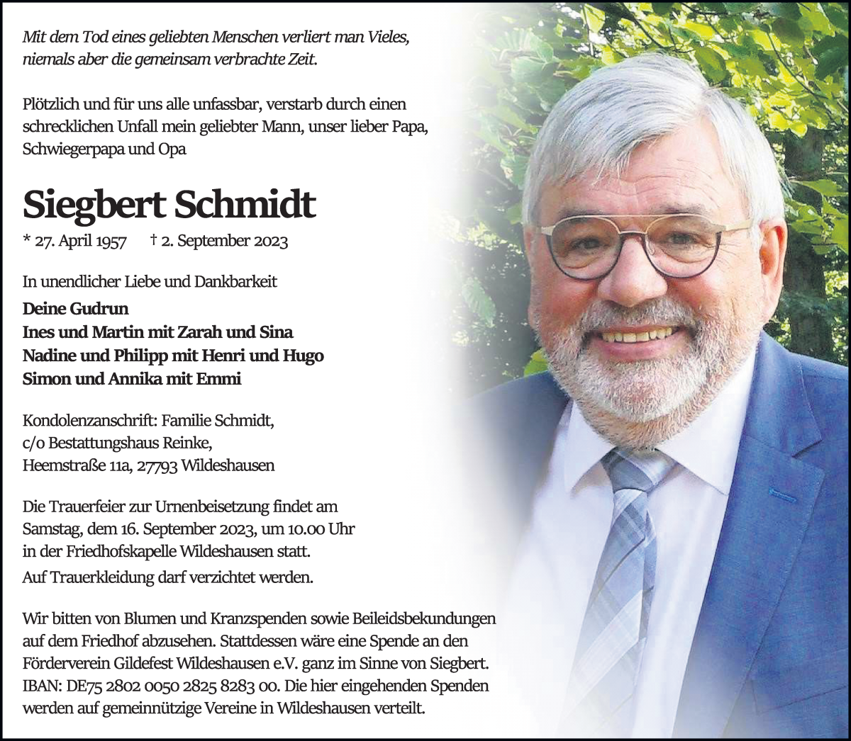 Traueranzeige von Siegbert Schmidt von WESER-KURIER