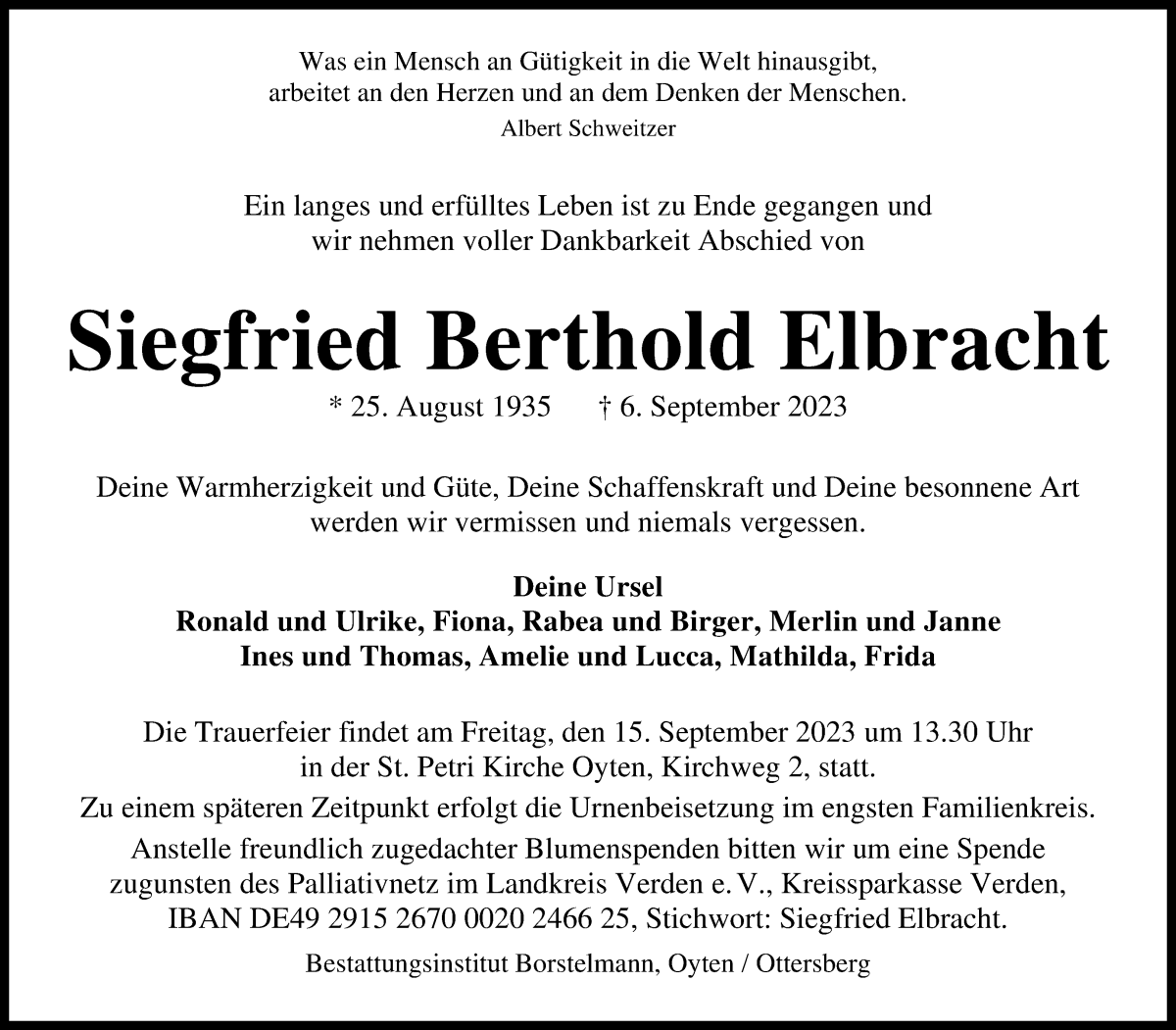Traueranzeige von Siegfried Berthold Elbracht von WESER-KURIER