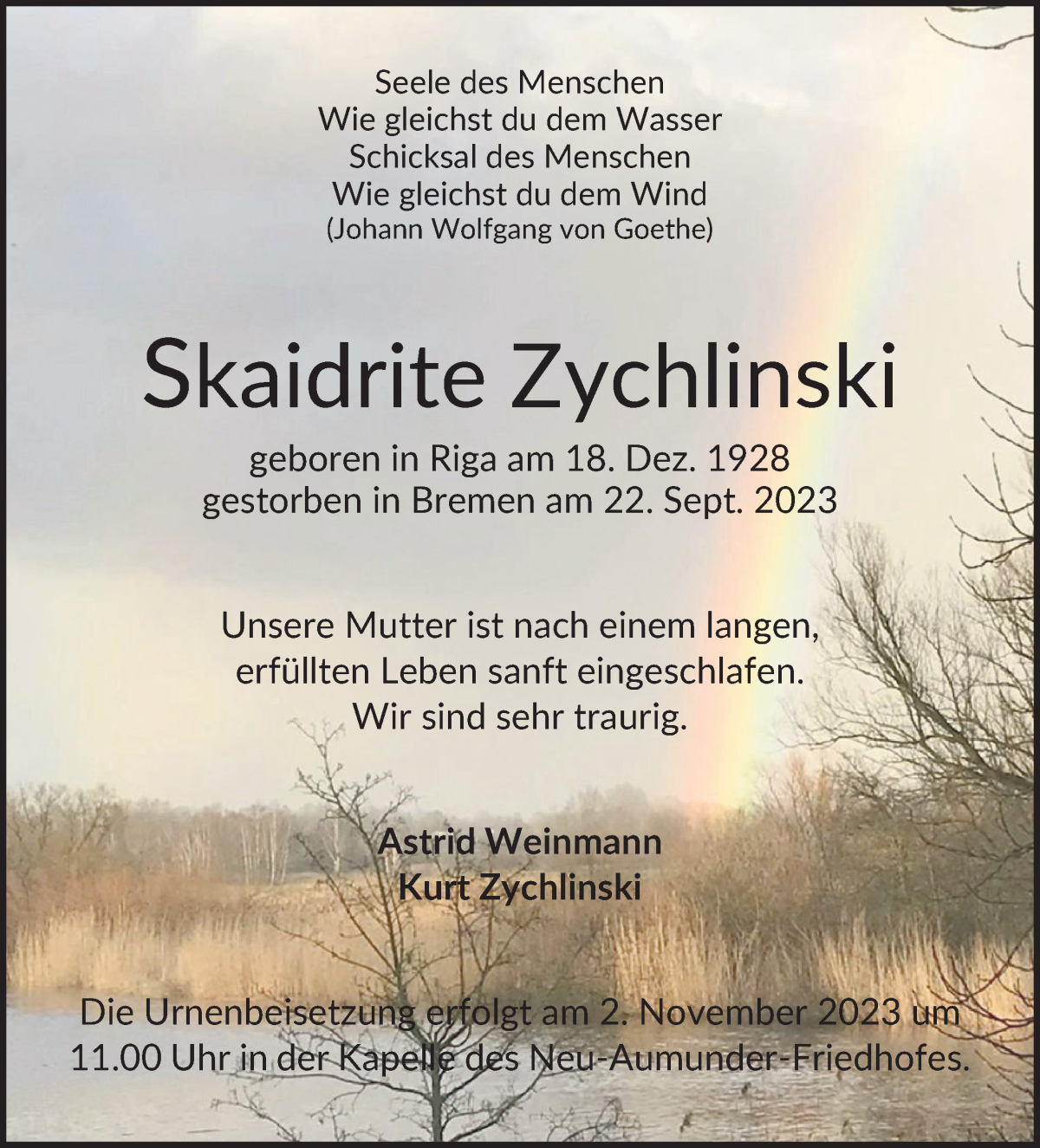 Traueranzeige von Skaidrite Zychlinski von WESER-KURIER