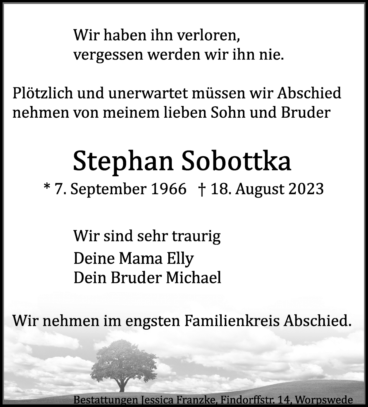 Traueranzeige von Stephan Sobottka von Wuemme Zeitung