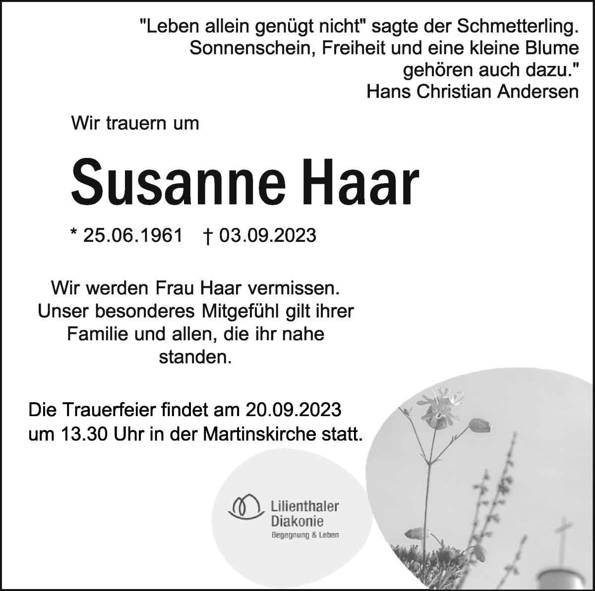 Traueranzeige von Susanne Haar von Wuemme Zeitung