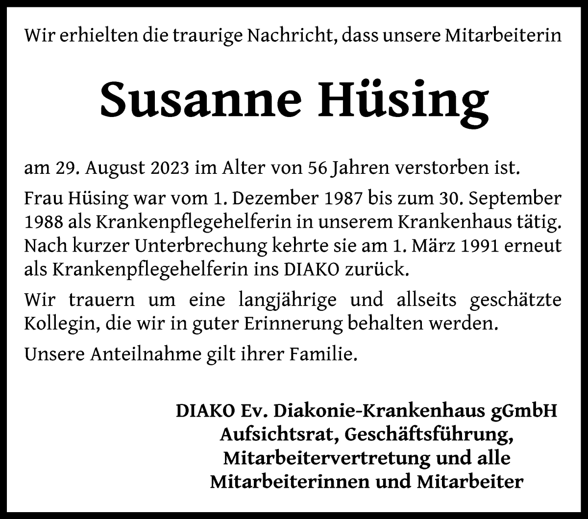Traueranzeige von Susanne Hüsing von WESER-KURIER