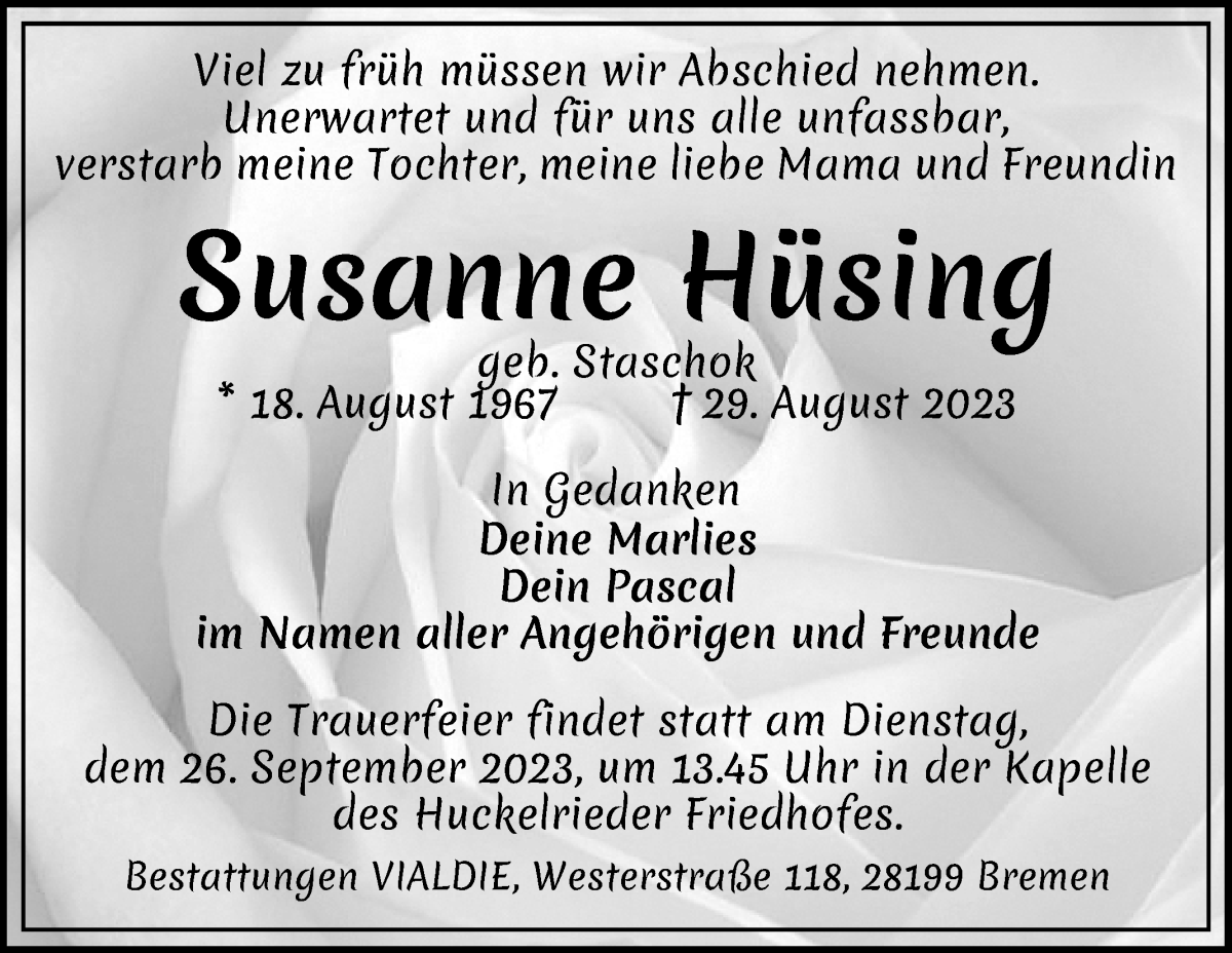 Traueranzeige von Susanne Hüsing von WESER-KURIER