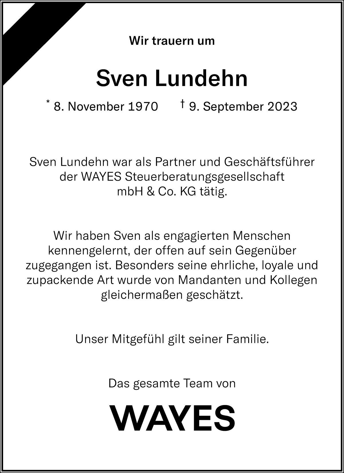 Traueranzeige von Sven Lundehn von WESER-KURIER