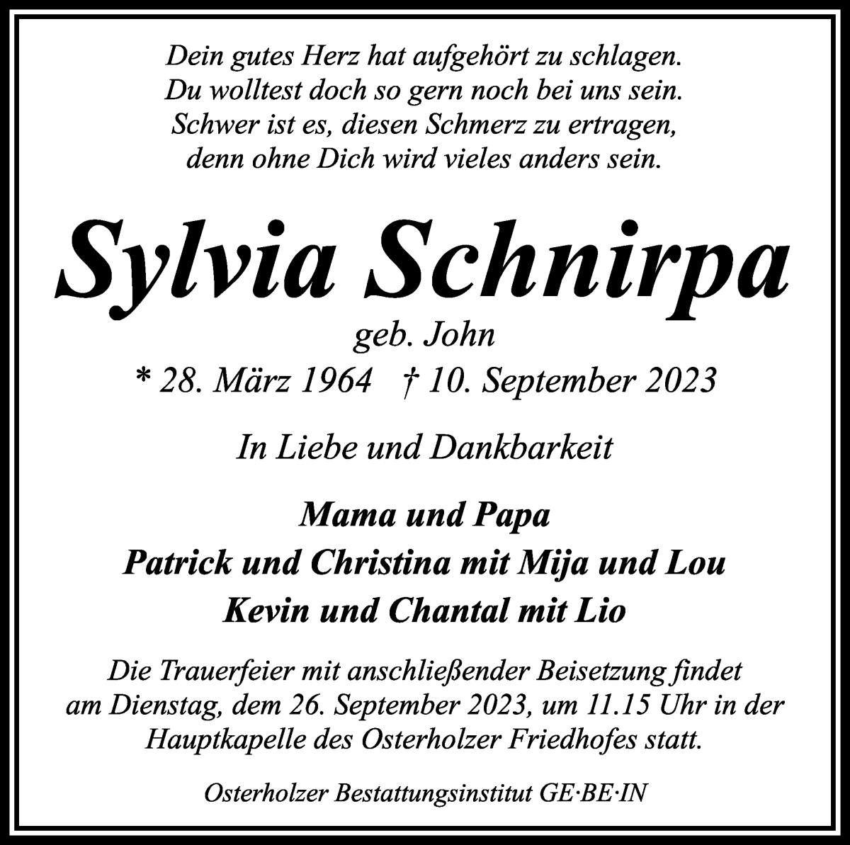 Traueranzeige von Sylvia Schnirpa von WESER-KURIER