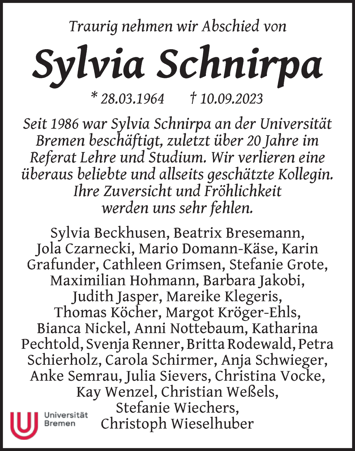 Traueranzeige von Sylvia Schnirpa von WESER-KURIER